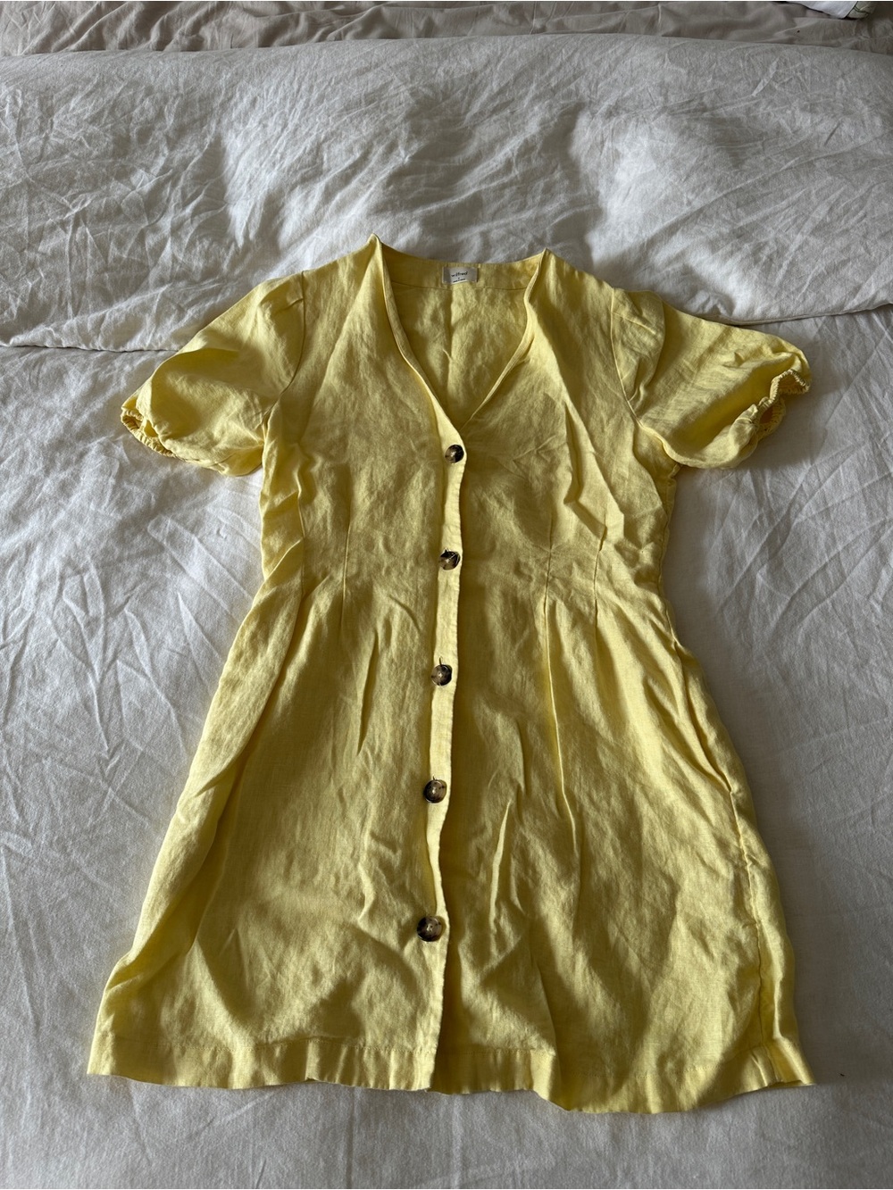 100% Linen Wilfred  aYellow Button-Front V-Neck Mini Dress with Puff Sleeve
